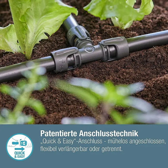 Gardena Micro-Drip T-Stück - 1/2" x 13 mm, 2 Stk. - Nahaufnahme einer "Quick & Easy"-Anschlusstechnik für ein Bewässerungssystem im Garten.