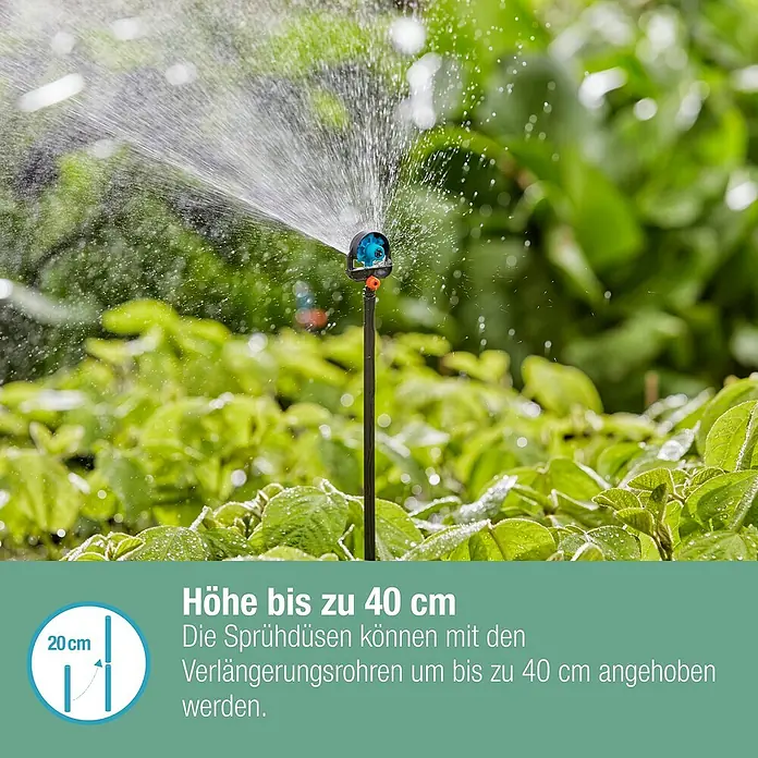 Gardena Micro-Drip Verlängerungsrohr für Sprühdosen - 5 Stk., Länge: 20 cm - Nahaufnahme eines Bewässerungsregners mit einer Höhe von bis zu 40 cm im Einsatz.