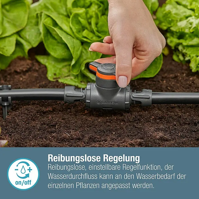 Gardena Micro-Drip Regulierventil - 13 mm, Kunststoff - Nahaufnahme eines Gardena-Bewässerungssystems mit reibungsloser Regelung für den Wasserfluss im Garten.