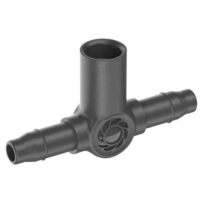 Gardena Micro-Drip T-Stück für Sprühdüsen & Endtropfer - 3/16" x 4,6 mm, 5 Stk. - Das Bild zeigt ein graues T-Stück, ein Verbindungsstück für Schläuche, mit drei Anschlüssen und einem strukturierten Mittelteil.