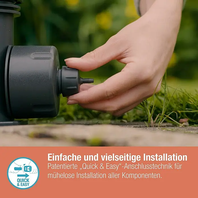 Gardena Micro-Drip Basisgerät 2000 - 1 Stk., Max. Wasserdurchfluss: 2.000 l/h - Nahaufnahme einer Hand, die ein Bewässerungssystem montiert, mit dem Text "Einfache und vielseitige Installation".