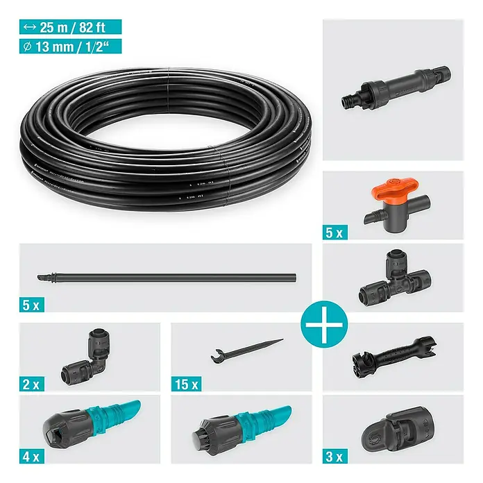 Gardena Micro-Drip Bewässerungs-Set Gemüse-/Blumenbeet Start-Set - Passend für: Gemüse- & Blumenbeete bis 40 m² - Ein umfassendes Bewässerungsset mit Schlauch, Verbindungsstücken und Zubehör für ein effizientes Micro-Drip-System im Garten.