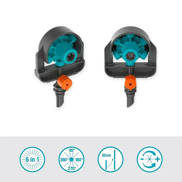 Gardena Micro-Drip Sprühdüse 6 in 1 - Durchmesser Anschluss: 13 mm, Quick & Easy-Verbindungstechnik - Zwei Gardena Micro-Drip-System Sprühdüsen mit einstellbaren Bewässerungsmodi für eine effiziente Gartenbewässerung.