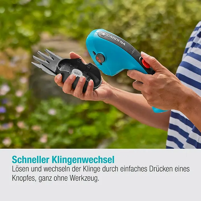 Gardena ClassicCut Akku-Gras- & Strauchschere Li Set - 3,6 V, Li-Ionen, 1 Akku, Schwertbreite: 8 cm - Gardena Akku-Grasschere mit Schnellwechsel-Funktion für Klingen. Einfacher Klingenwechsel per Knopfdruck ohne Werkzeug.