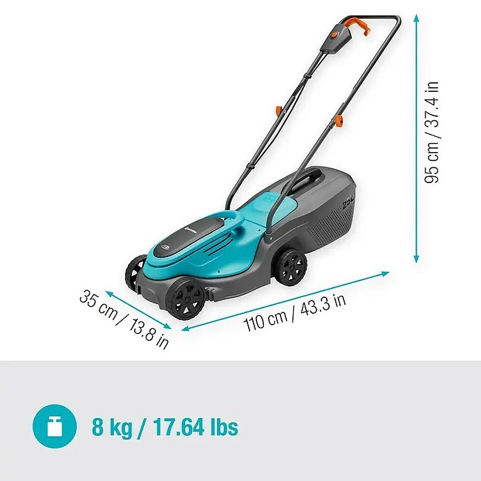 Gardena Power for All 18V Akku-Rasenmäher - 18 V, Ohne Akku, 4 Ah, Schnittbreite: 30 cm - Abbildung eines Gardena Rasenmähers mit Maßangaben zu Länge, Breite, Höhe und Gewicht.