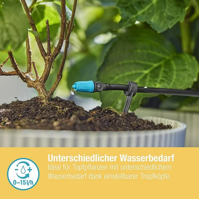 Gardena Micro-Drip Bewässerungs-Set Terrasse Start-Set - Passend für: Bis zu 30 Topfpflanzen - Nahaufnahme eines Bewässerungssystems für Topfpflanzen mit regulierbaren Tropfköpfen für unterschiedlichen Wasserbedarf.