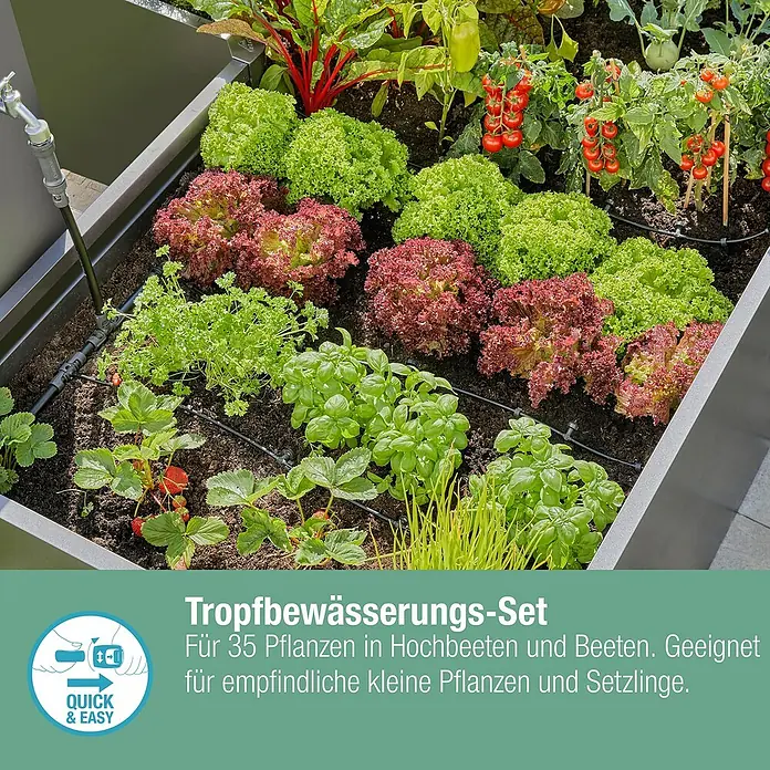 Gardena Micro-Drip Bewässerungs-Set Hochbeet/Beet Start-Set - 35 -tlg., Geeignet für: Reihenbewässerung, 35 Pflanzen - Das Bild zeigt ein Tropfbewässerungs-Set für 35 Pflanzen in Hochbeeten und Beeten. Es ist ideal für empfindliche Pflanzen.