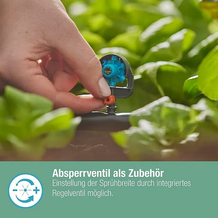 Gardena Micro-Drip Sprühdüse 6 in 1 - Durchmesser Anschluss: 13 mm, Quick & Easy-Verbindungstechnik - Ventileinstellung für Sprühbreite. Das Absperrventil als Zubehör ermöglicht die präzise Einstellung der Sprühbreite durch ein integriertes Regelventil.
