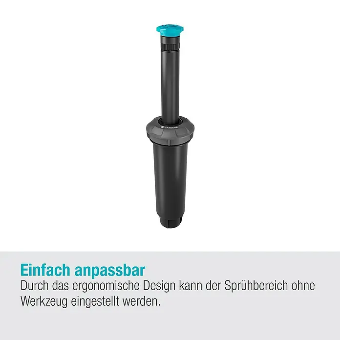 Gardena Sprinklersystem Turbinenversenkregner Pop-up SD80 - Max. Regnerfläche: 80 m², Rasenbewässerung - Das Bild zeigt einen Gardena Versenkregner Vario, der sich einfach anpassen lässt und ohne Werkzeug eingestellt werden kann.