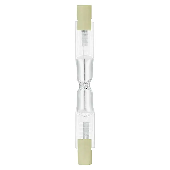 Osram Halogenstab Haloline ECO Superstar - 120 W, R7s, Warmweiß, Länge: 80,3 mm - Abbildung einer Halogenlampe mit klarem Glaskolben und gelblichen Sockeln. Sie liefert helles, effizientes Licht.