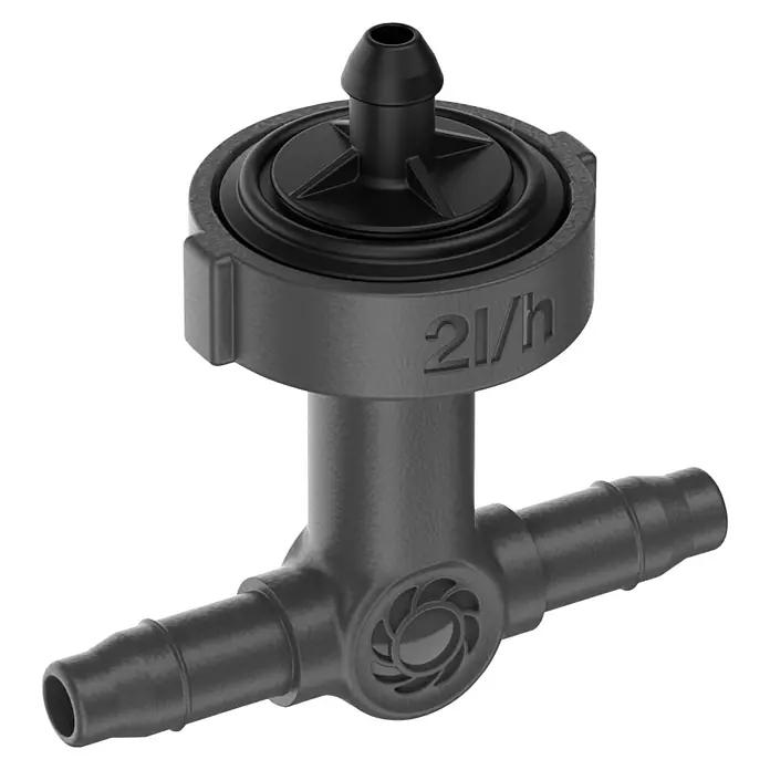Gardena Micro-Drip Reihentropfer druckregulierend - 10 Stk. - Nahaufnahme eines schwarzen 2l/h Bewässerungs-Druckausgleichs-Tropfers, ideal für präzise Gartenbewässerung und Pflanzenpflege.
