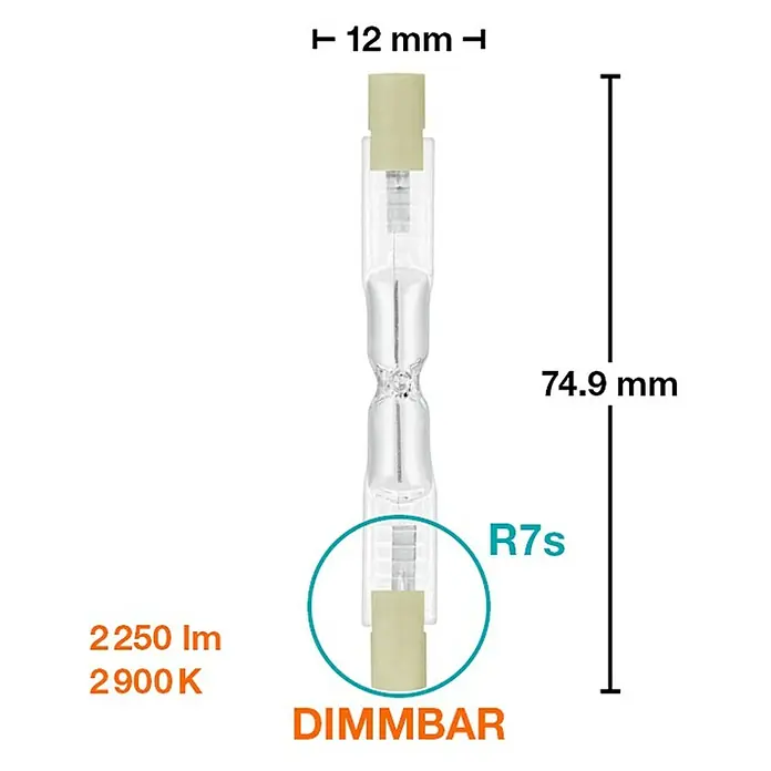 Osram Halogenstab Haloline ECO Superstar - 120 W, R7s, Warmweiß, Länge: 80,3 mm - Abbildung einer R7s DIMMBAR Halogenlampe mit den Maßen 12 mm Breite und 74,9 mm Länge.