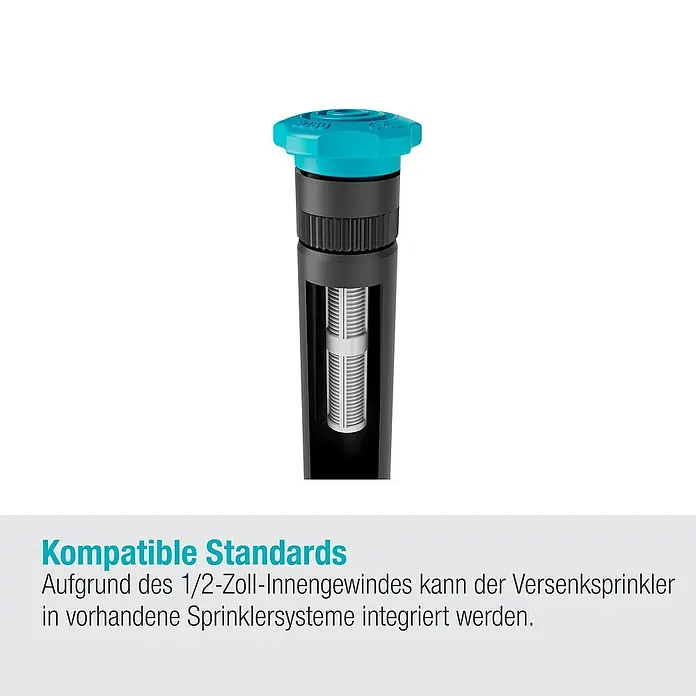 Gardena Sprinklersystem Turbinenversenkregner Pop-up SD80 - Max. Regnerfläche: 80 m², Rasenbewässerung - Produktbild des versenkregners, der aufgrund des 1/2-Zoll-Innengewindes in vorhandene Sprinklersysteme integriert werden kann.
