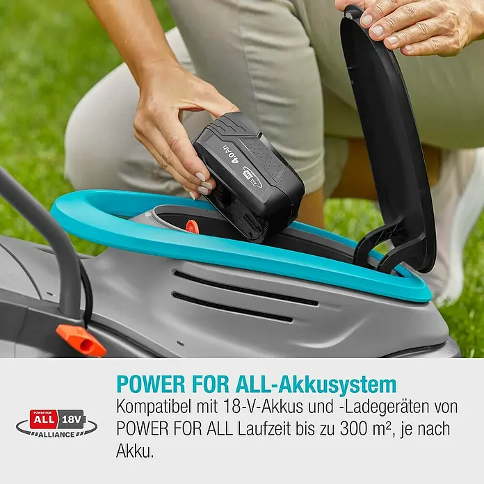 Gardena Power for All 18V Akku-Rasenmäher PowerMax 32/18V - 18 V, Ohne Akku, Schnittbreite: 32 cm - Akku wird in einen Rasenmäher eingesetzt. Das POWER FOR ALL-Akkusystem ist mit 18-V-Akkus kompatibel.