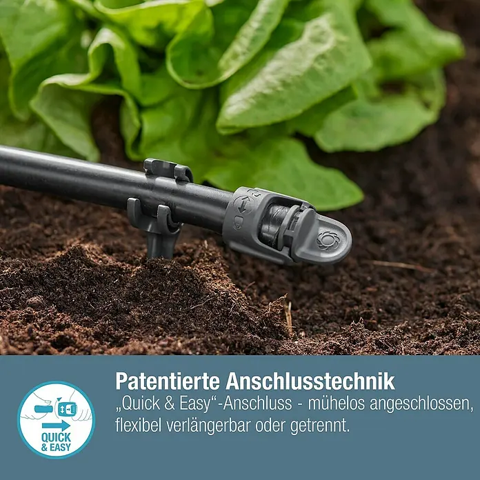 Gardena Micro-Drip Verschlussstopfen - ½″, 5 Stk. - Nahaufnahme eines Bewässerungssystems von Gardena, das im Garten installiert ist, mit einem Fokus auf die einfache und schnelle Installation.
