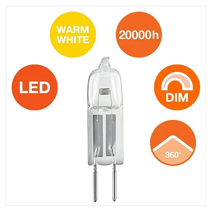 Osram Halogenstiftsockel Halostar Standard - 5 W, G4, Klar, Warmweiß, 2 Stk. - Abbildung einer G4 LED Lampe mit warmweißem Licht, einer Lebensdauer von 20000h und einem Abstrahlwinkel von 360°. Sie ist dimmbar.