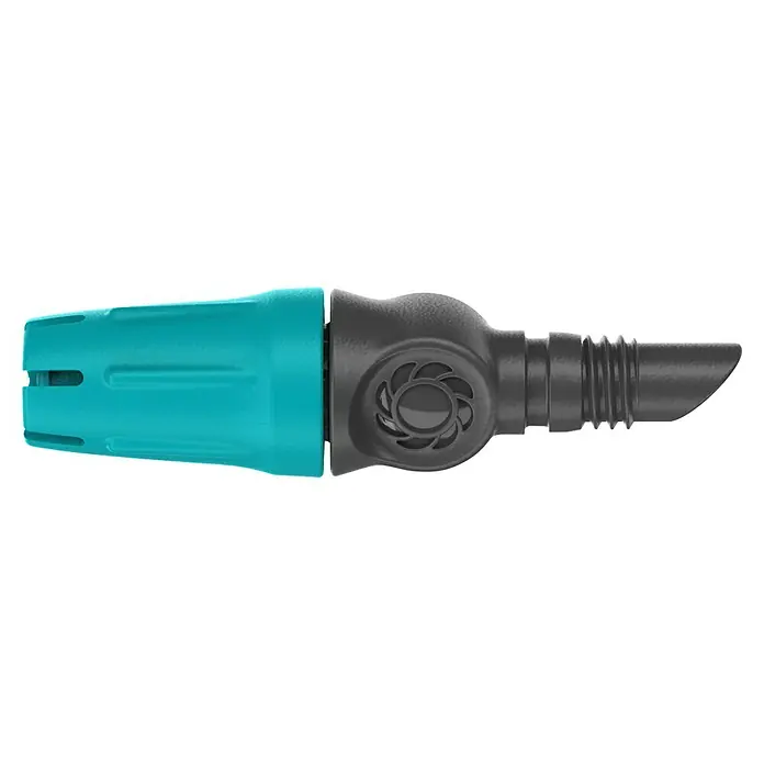 Gardena Micro-Drip Kleinflächendüse - 10 Stk., 1/2" x 13 mm - Nahaufnahme einer Bewässerungsdüse, bestehend aus einem türkisfarbenen und einem grauen Teil. Das graue Teil hat ein spiralförmiges Design.