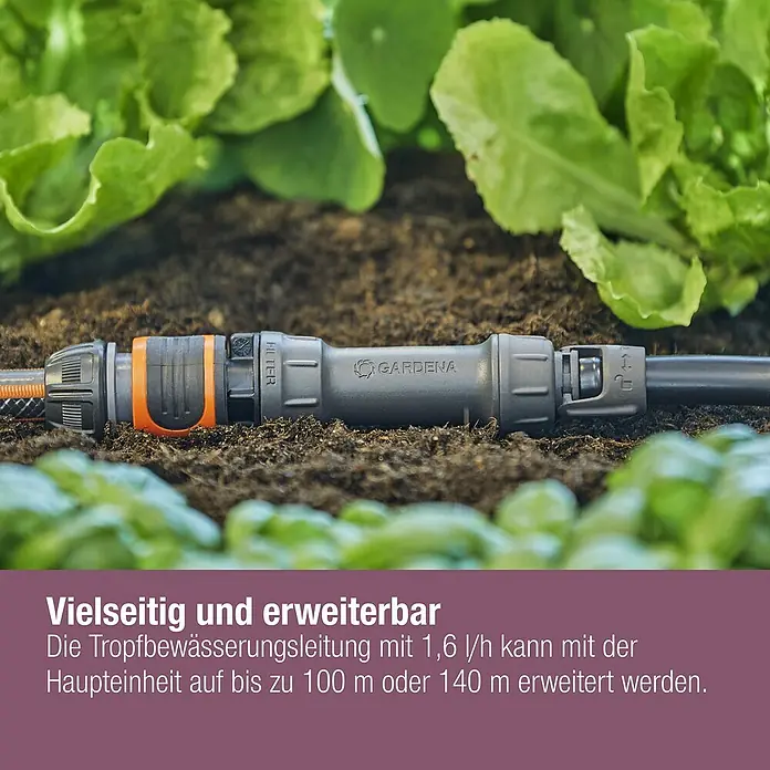 Gardena Micro-Drip Tropfrohr - Schlauchlänge: 50 m, 1,6 l/h, Passend für: Pflanzreihen bis 50 m - Nahaufnahme eines Gardena-Bewässerungssystems in einem Gartenbeet, umgeben von grünen Pflanzen.
