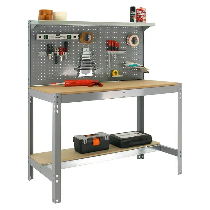 Simonrack Simonwork Werkbank BT3 1500 - L x B: 61 x 151 cm, Arbeitshöhe: 144,5 cm, Belastbarkeit: 600 kg, Grau - Werkbank mit Lochwand für Werkzeugaufbewahrung und Ablagefläche für Werkzeugkisten. Praktische Werkstatteinrichtung.
