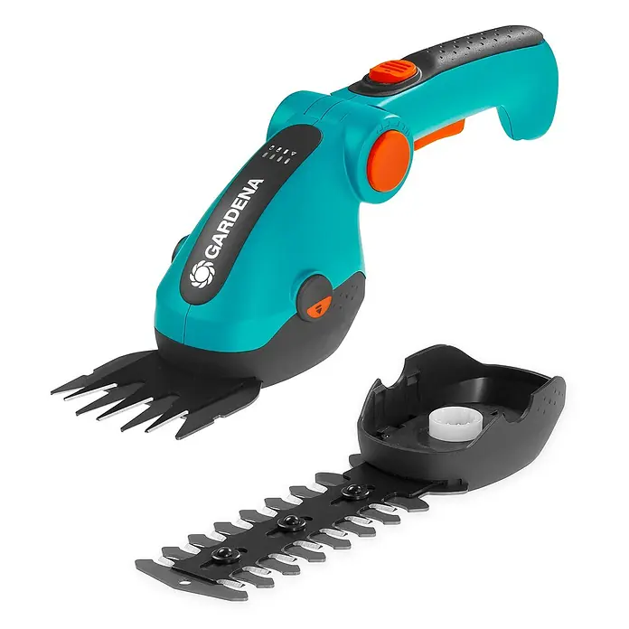 Gardena ComfortCut Akku-Gras- & Strauchschere Li - 3,6 V, Li-Ionen, 1 Akku, Schwertbreite: 8 cm - Abgebildete Gartenschere von Gardena mit Akku und auswechselbaren Aufsätzen für Rasen- und Strauchschnittarbeiten.