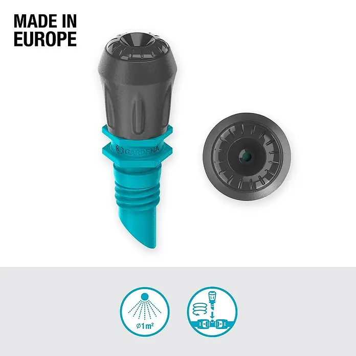 Gardena Micro-Drip Nebeldüse - 1/2" x 13 mm - Bild eines Gardena Micro-Drip-System Endtropfers mit Zubehör und Hinweisen zur Anwendung.