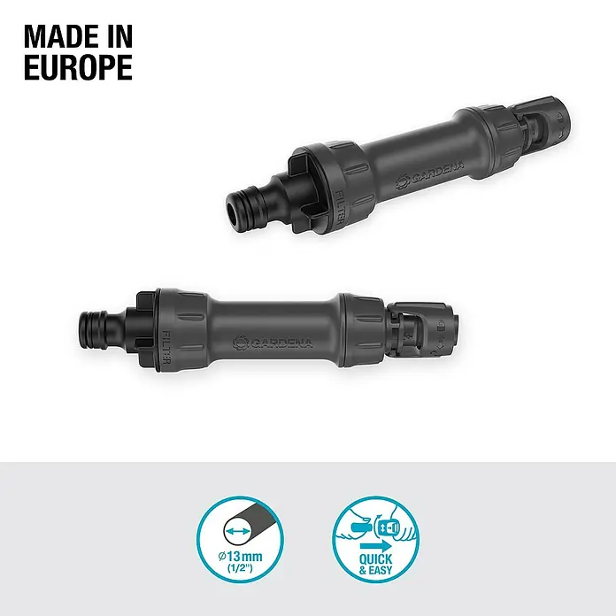 Gardena Micro-Drip Hahnanschlussstück - 1/2" x 13 mm - Zwei Gardena Wasserfilter werden gezeigt, die für 13mm (1/2") Schläuche geeignet sind und ein schnelles Anschließen ermöglichen.