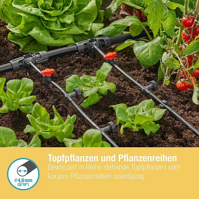 Gardena Micro-Drip Reihentropfer druckregulierend - 10 Stk. - Detailaufnahme eines Bewässerungssystems für Topfpflanzen und Pflanzenreihen im Garten, das eine zuverlässige Wasserversorgung ermöglicht.