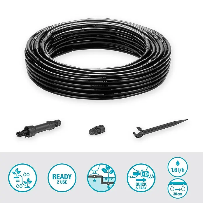 Gardena Micro-Drip Bewässerungs-Set Hecken & Sträucher 25 m Start-Set - Geeignet für: Reihenbewässerung, Pflanzreihen bis 25 m, Schlauchlänge: 25 m - Nahaufnahme eines Bewässerungs-Set mit Schlauch, Verbindungsstücken und Erdspieß, ideal für die Gartenbewässerung.