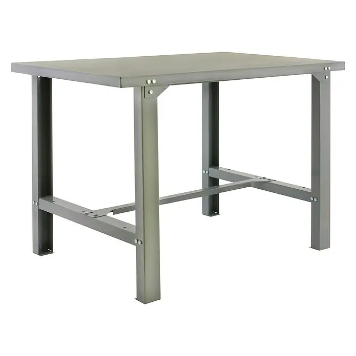 Simonrack Simonwork Banco de trabajo BT6 Metal - L x An: 73 x 120 cm, Altura de trabajo: 83 cm, Carga soportada: 600 kg, Gris - Un banco de trabajo gris con una mesa rectangular y patas robustas. Perfecto para talleres y salas de ocio.