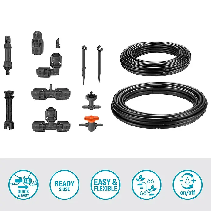 Gardena Micro-Drip Bewässerungs-Set Hochbeet/Beet Start-Set - 35 -tlg., Geeignet für: Reihenbewässerung, 35 Pflanzen - Das Bild zeigt ein Bewässerungsset mit verschiedenen Anschlussstücken, einem Werkzeug und zwei Rollen Bewässerungsschlauch für den Garten.
