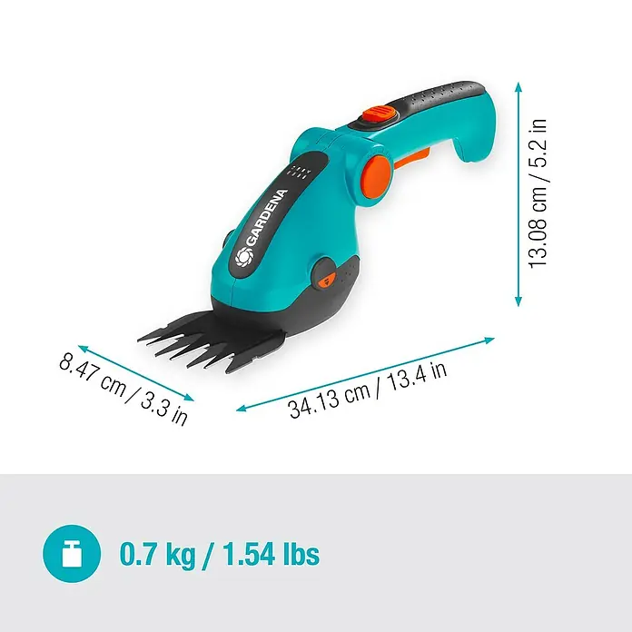 Gardena ComfortCut Akku-Grasschere Li - 3,6 V, 1 Akku, Schwertbreite: 8 cm, Akkulaufzeit: 80 min - Das Bild zeigt eine Gardena Akku-Grasschere mit den Maßen 8,47 cm x 34,13 cm x 13,08 cm und einem Gewicht von 0,7 kg.
