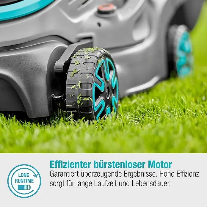 Gardena Power for All 18V Akku-Rasenmäher PowerMax 32/18V - 18 V, Ohne Akku, Schnittbreite: 32 cm - Nahaufnahme eines Rasenmähers mit dem Text "Effizienter bürstenloser Motor für lange Laufzeit und Lebensdauer".