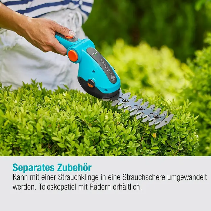 Gardena ComfortCut Akku-Grasschere Li - 3,6 V, 1 Akku, Schwertbreite: 8 cm, Akkulaufzeit: 80 min - Bild einer GARDENA Akku-Grasschere, die einen grünen Busch beschneidet. Optionales Zubehör zur Erweiterung der Nutzung.