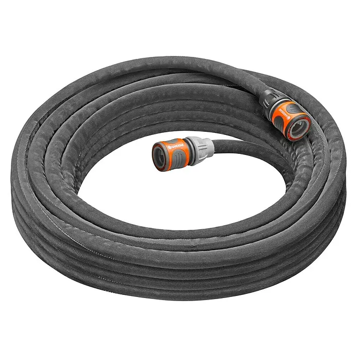 Gardena Gartenschlauch Liano Life - 10 m, Schlauchdurchmesser: 13 mm - Grauer Gartenschlauch aufgerollt mit orangenen Anschlüssen. Der Textilschlauch ist robust und flexibel für die Gartenbewässerung.