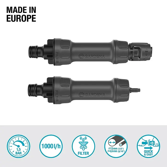 Gardena Micro-Drip Basisgerät 1000 - 1 Stk., Max. Wasserdurchfluss: 1.000 l/h - Abbildung eines Gardena Wasserfilters, der für eine saubere Bewässerung sorgt und einfach zu installieren ist.