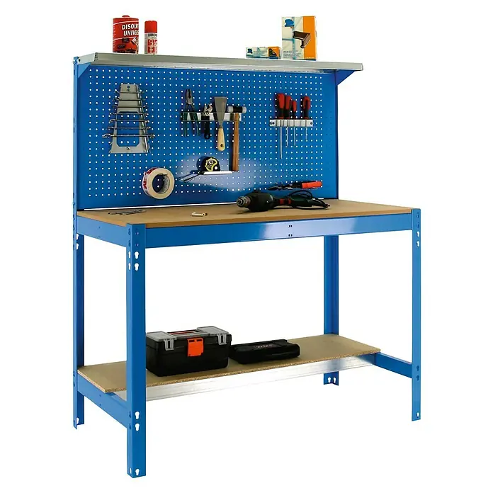 Simonrack Simonwork Werkbank BT3 1500 - L x B: 61 x 151 cm, Arbeitshöhe: 144,5 cm, Belastbarkeit: 600 kg, Blau - Blaue Werkbank mit Werkzeugen und Ablagefläche. Die Werkbank ist ideal für Heimwerker und Profis.