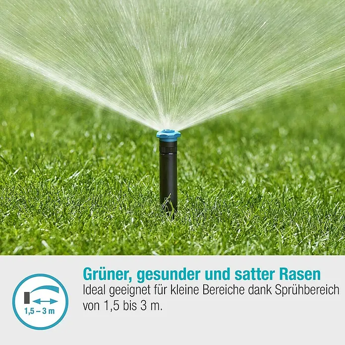Gardena Sprinklersystem Turbinenversenkregner Pop-up SD30 - Max. Regnerfläche: 30 m², Rasenbewässerung - Rasensprenger bewässert einen grünen Rasen. Ideal für kleine Flächen mit einer Sprühweite von 1,5 bis 3 Metern.