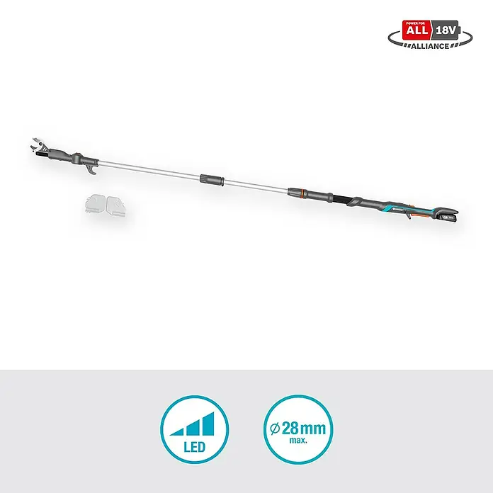 Gardena Power for All 18V Baumschere HighCut - 18 V, 1 Akku, Max. Aststärke: 28 mm, Länge: 255,7 cm - Abbildung der Gardena Akku-Stiel-Heckenschere für präzise Schnitte in großer Höhe, ideal für jeden Garten.