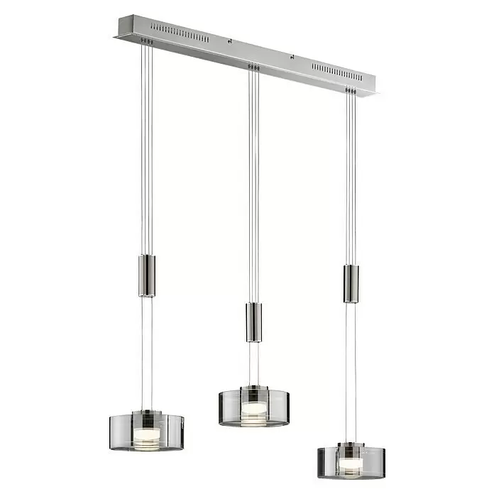 Fischer & Honsel LED-Pendelleuchte Lavin - 27 W, L x B x H: 100 x 20 x 160 cm, Rauchfarben, Nickel/Chrom, Warmweiß, 3 Stk. - Moderne Pendelleuchte mit gebürsteter Metallstange und drei hängenden Leuchten aus Glas und Metall mit beleuchteten Glühbirnen.