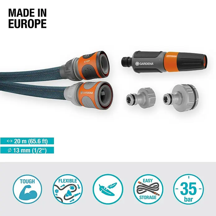 Gardena Gartenschlauch Liano Xtreme Set - 20 m, Schlauchdurchmesser: 13 mm - Das Gardena Textilschlauch-Set Liano™ Xtreme 20 m – robust, flexibel und einfach zu verstauen für die Gartenbewässerung.
