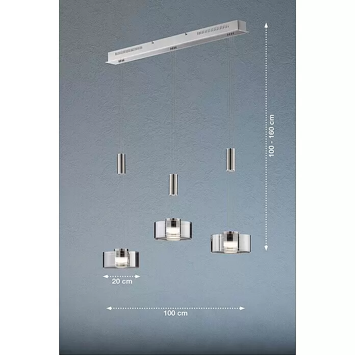 Fischer & Honsel LED-Pendelleuchte Lavin - 27 W, L x B x H: 100 x 20 x 160 cm, Rauchfarben, Nickel/Chrom, Warmweiß, 3 Stk. - Dreiflammige Pendelleuchte mit silberner Aufhängung und höhenverstellbaren (100-160 cm) Rauchglasschirmen (20 cm Durchmesser).