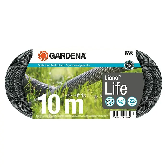 Gardena Gartenschlauch Liano Life - 10 m, Schlauchdurchmesser: 13 mm - Das Bild zeigt eine GARDENA Liano™ Life Textil Gartenschlauchpackung, die für ihre Flexibilität und 10 m Länge bekannt ist.