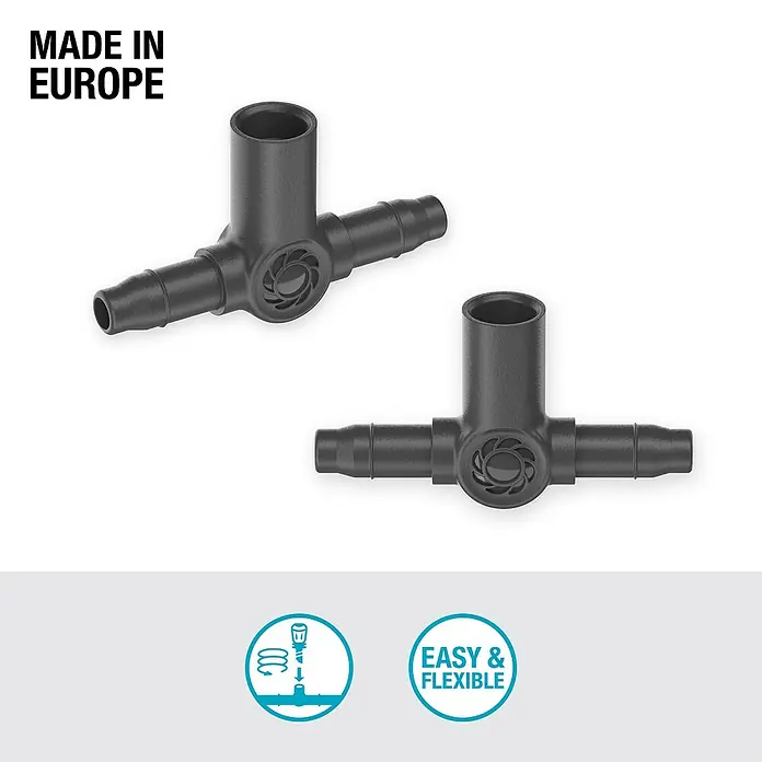 Gardena Micro-Drip T-Stück für Sprühdüsen & Endtropfer - 3/16" x 4,6 mm, 5 Stk. - Zwei schwarze T-Stück-Verbinder für Bewässerungssysteme, die als Produkt aus Europa gekennzeichnet sind, bieten eine einfache und flexible Installation.