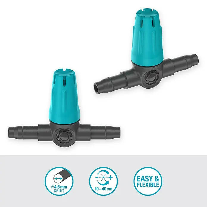 Gardena Micro-Drip Kleinflächendüse - 3/16" x 4,6 mm, 10 Stk. - Das Bild zeigt zwei GARDENA Regulier- und Absperrventile für Micro-Drip-Systeme. Sie sind blau und grau und bieten einfache & flexible Nutzung.