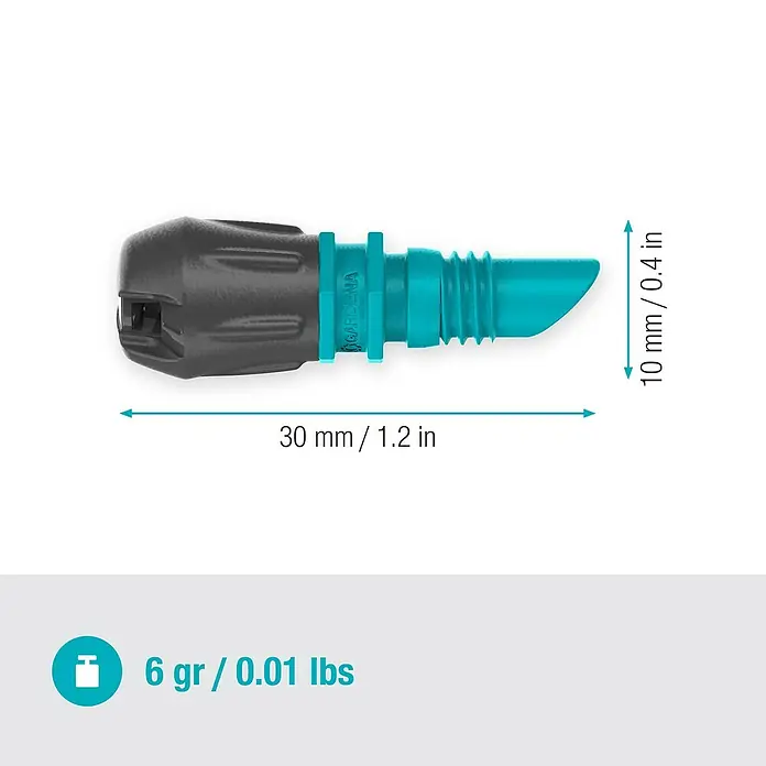 Gardena Micro-Drip Streifendüse - 5 Stk., Wurfweite: 5,5 m - Nahaufnahme des Gardena Micro-Drip-System Endtropfers, der präzise Bewässerung für Pflanzen bietet.