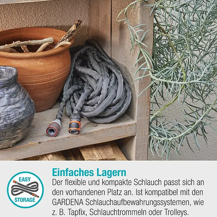 Gardena Gartenschlauch Liano Life Set - 20 m, Schlauchdurchmesser: 13 mm - Aufbewahrung eines flexiblen Gartenschlauchs im Regal, kompatibel mit GARDENA Schlauchaufbewahrungssystemen.