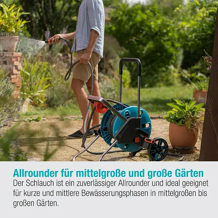 Gardena Gartenschlauch Liano Life Set - 25 m, Schlauchdurchmesser: 13 mm - Der Gardena Schlauchwagen ist ein zuverlässiger Allrounder für mittelgroße und große Gärten, ideal für kurze Bewässerungsphasen.