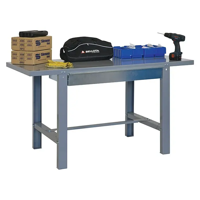 Simonrack Simonwork Banco de trabajo BT6 Box Metal - L x An: 73 x 120 cm, Altura de trabajo: 83 cm, Carga soportada: 635 kg, Gris - Mesa de trabajo con tornillo de banco, caja de herramientas, cajas organizadoras y taladro inalámbrico. Ideal para trabajos de taller.