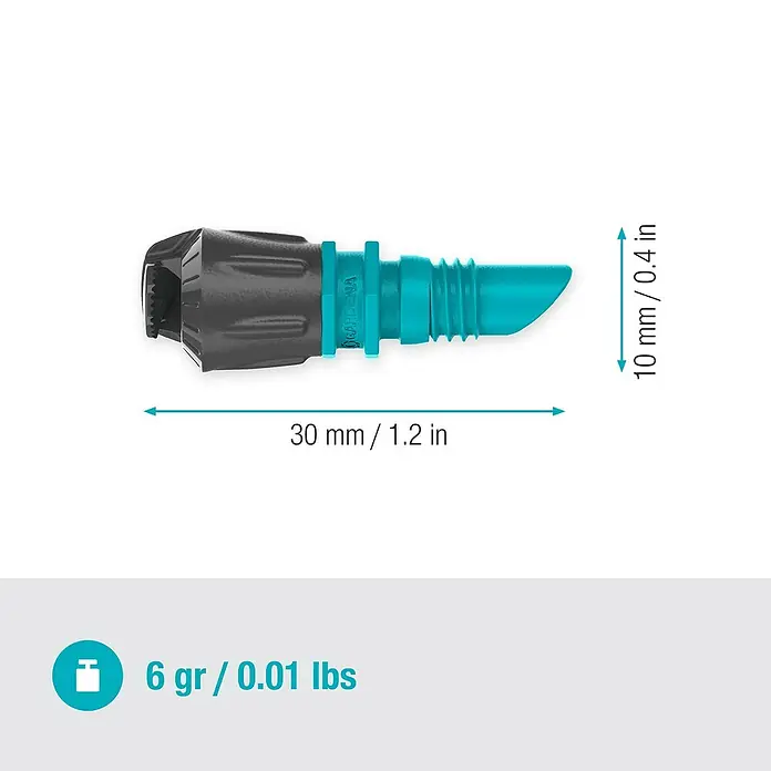 Gardena Micro-Drip Sprühdüse 180° - 5 Stk., 180 ° - Nahaufnahme eines Bewässerungsprodukts von Gardena mit Größenangaben und Gewicht, ideal für Gartenbewässerungssysteme.