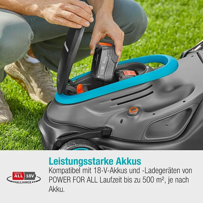 Gardena Power for All 18V Akku-Rasenmäher PowerMax 37/36V - 18 V, Ohne Akku, Schnittbreite: 37 cm - Akku-Rasenmäher von Gardena mit eingesetztem 18V Akku.